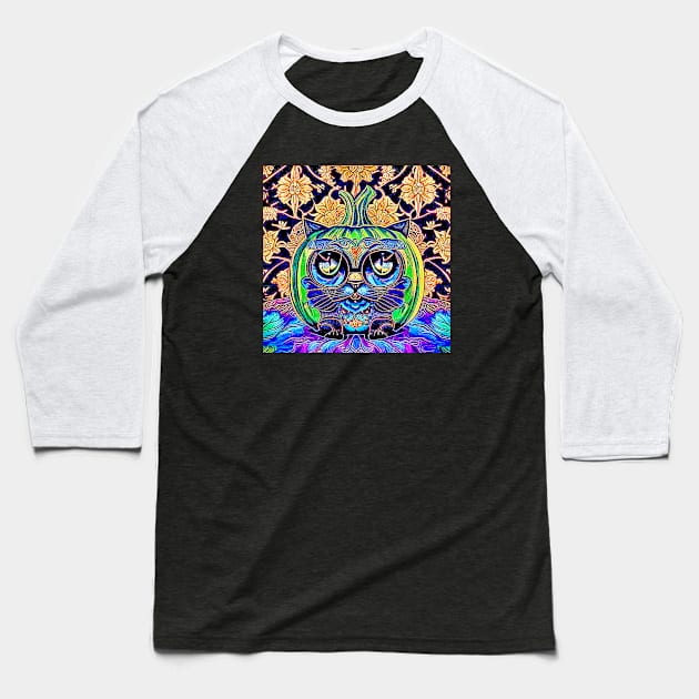 Psychedelic Abstract Black Cat Jack O Lantern Baseball T-Shirt by Black Cat Alley